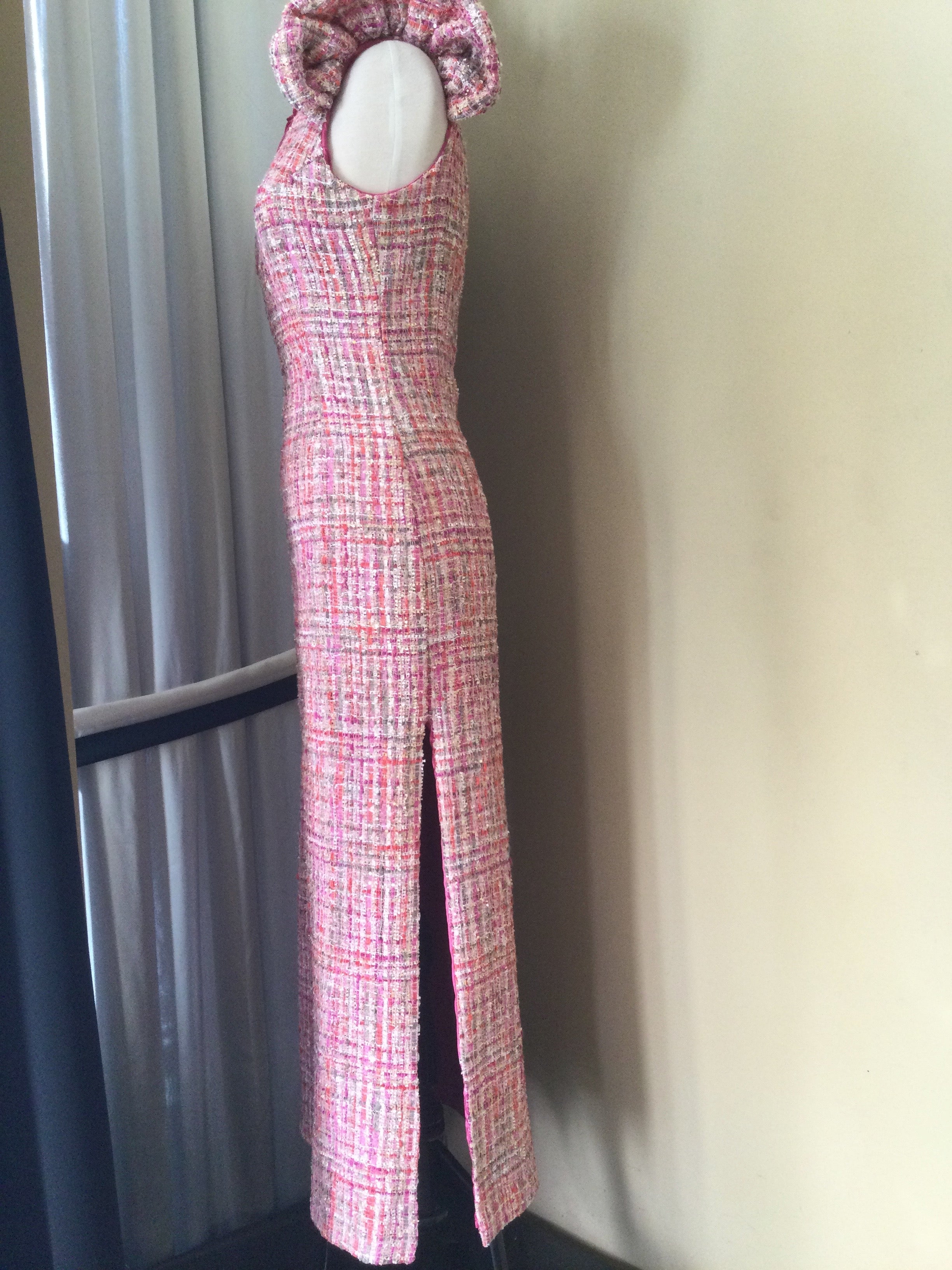 Pink Tweed long dress with puff cap sleeve