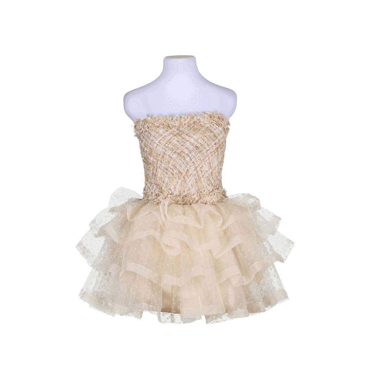 Tweed strapless bodice and organza layered skirt